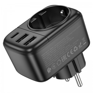 Borofone fali töltő BAC14 Wide - 2xUSB + Type C + aljzat - 12W fekete-1