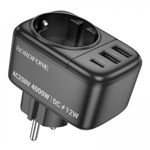 Borofone fali töltő BAC14 Wide - 2xUSB + Type C + aljzat - 12W fekete-3