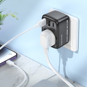 Borofone fali töltő BAC14 Wide - 2xUSB + Type C + aljzat - 12W fekete-4