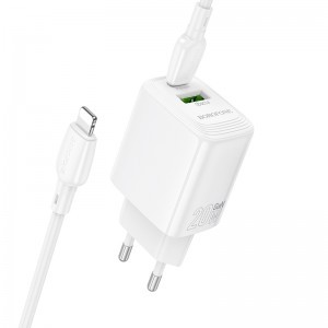 Borofone hálózati töltő BN27 Fuente - USB + Type-C - QC 3.0 PD 20W, Type-C Lightning kábellel fehér-1