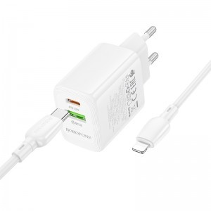 Borofone hálózati töltő BN27 Fuente - USB + Type-C - QC 3.0 PD 20W, Type-C Lightning kábellel fehér-2