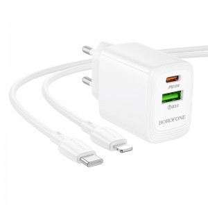 Borofone hálózati töltő BN27 Fuente - USB + Type-C - QC 3.0 PD 20W, Type-C Lightning kábellel fehér-3