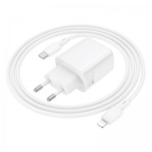 Borofone hálózati töltő BN27 Fuente - USB + Type-C - QC 3.0 PD 20W, Type-C Lightning kábellel fehér-5