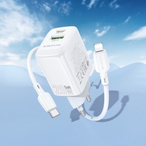 Borofone hálózati töltő BN27 Fuente - USB + Type-C - QC 3.0 PD 20W, Type-C Lightning kábellel fehér-7