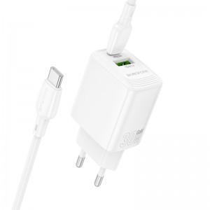 Borofone fali töltő BN29 Fuente - USB + Type C - QC 3.0 PD 30W Type C - Type C kábellel fehér GaN-1