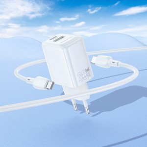 Borofone fali töltő BN29 Fuente - USB + Type C - QC 3.0 PD 30W Type C - Type C kábellel fehér GaN-7