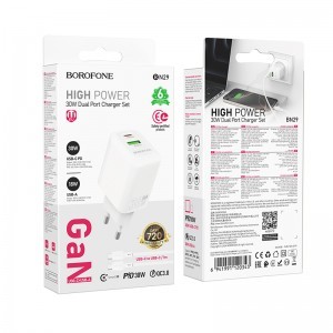 Borofone fali töltő BN29 Fuente - USB + Type C - QC 3.0 PD 30W Type C - Type C kábellel fehér GaN-8