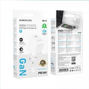 Borofone fali töltő BN28 Fuente - Type C - PD 30W Type C - Type C kábellel fehér GaN-8