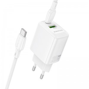 Borofone Fali töltő BN27 Fuente - USB + Type C - QC 3.0 PD 20W Type C to Type C kábellel fehér-1