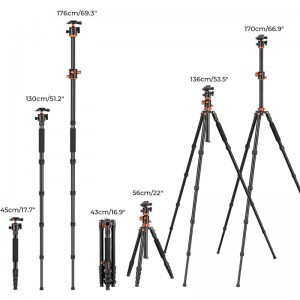K&F Concept T255A4 dönthető középoszlopú állvány/monopod (aluminium) + BH-28L gömbfej-3