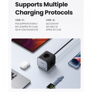 Ugreen - elosztó, fali töltő DigiNest Cube 7 az 1-ben CD268 (60113) - GaN, 2x USB-C, 2x USB, 3x AC, 2990W, 13A, PD65W - Fekete-8