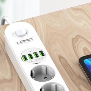 LDNIO 3.4A hálózati elosztó 4x aljzat/ 4x USB -s fehér, elosztó usb-vel, hosszabbító (SE4432)-7