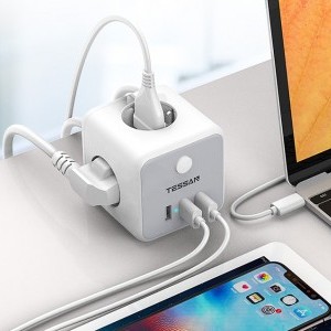 TESSAN TS-301-C-GR 3x hálózati elosztó + 2x USB-A, 1x USB-C töltő 2m-5