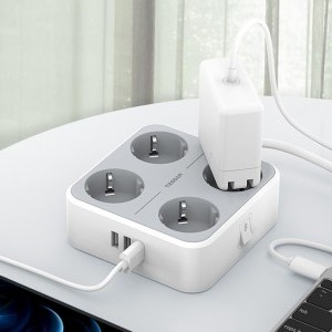 TESSAN TS-302-C-GR 4x hálózati elosztó + 2x USB-A, 1x USB-C töltő 2m-5