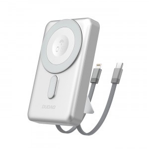 Dudao K29 10000mAh PD 20W MagSafe Powerbank fémházzal, állvánnyal és beépített USB-C/Lightning kábelekkel - Ezüst