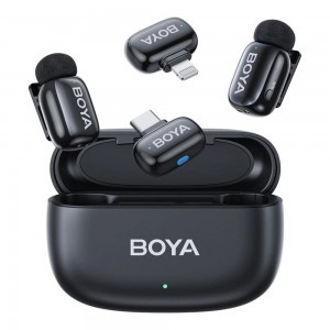 BOYA Mini 12 Ultrakompakt vezeték nélküli mikrofon 2 adó + 2 vevő (USB-C + Lightning csatlakozó) + 1 töltőtok. Fekete