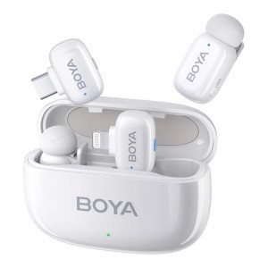 BOYA Mini 13 Ultrakompakt vezeték nélküli mikrofon 2 adó + 2 vevő (USB-C + Lightning csatlakozó) + 1 töltőtok. Fehér