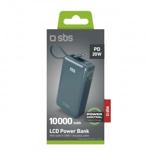 Powerbank SBS 10000 mAh 20W beépített USB-C kábellel és digitális kijelzővel - szürke-1