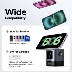 Ugreen - Vezeték nélküli töltő 2 az 1-ben W709 (45775) - Intelligens kijelző, MagSafe, iPhone-hoz, AirPods-hoz, USB-C, Vicces emoji, 25W - Fekete-3