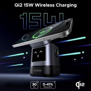 Ugreen - Vezeték nélküli töltő 2 az 1-ben W709 (45775) - Intelligens kijelző, MagSafe, iPhone-hoz, AirPods-hoz, USB-C, Vicces emoji, 25W - Fekete-1