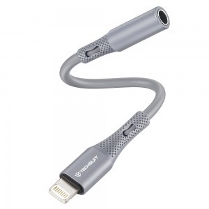  Techsuit - Prémium Kábel Adapter SoundFleX (AC2) - Villámcsatlakozó 3,5 mm-es Jackhez, Hi-Fi Minőség, DAC Chip, Szilikagél, 0,1m - Szürke