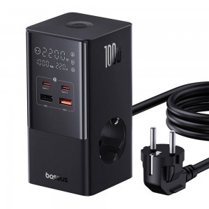  Baseus - Töltőállomás (E00023609113-00) - 2xUSB, 2xType-C, Schuko, LED kijelző, Gyors töltés 100W, 1.5m - Fekete