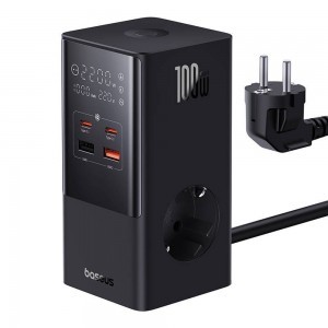 Baseus - Töltőállomás (E00023609113-00) - 2xUSB, 2xType-C, Schuko, LED kijelző, Gyors töltés 100W, 1.5m - Fekete-7