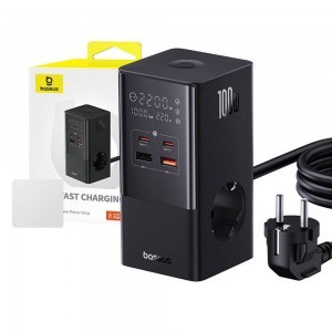 Baseus - Töltőállomás (E00023609113-00) - 2xUSB, 2xType-C, Schuko, LED kijelző, Gyors töltés 100W, 1.5m - Fekete-3