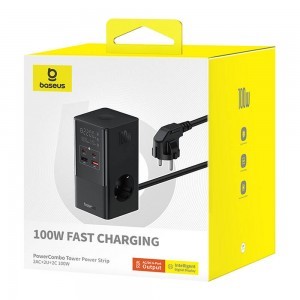 Baseus - Töltőállomás (E00023609113-00) - 2xUSB, 2xType-C, Schuko, LED kijelző, Gyors töltés 100W, 1.5m - Fekete-2