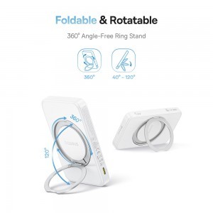 Baseus - PicoGo Magsafe Power Bank (P10076800213-01) - Type-C, Qi2, Gyors töltés, 20W, 5000mAh, Forgatható állvány, Type-C kábel - Fehér-2