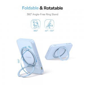 Baseus - PicoGo Magsafe Power Bank (P10076800313-00) - Type-C, Qi2, Gyors töltés, 20W, 5000mAh, Forgatható állvány, Type-C kábel - Kék-2