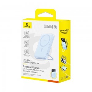 Baseus - PicoGo Magsafe Power Bank (P10076800313-00) - Type-C, Qi2, Gyors töltés, 20W, 5000mAh, Forgatható állvány, Type-C kábel - Kék-9