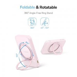 Baseus - PicoGo Magsafe Power Bank (P10076800413-00) - Type-C, Qi2, Gyors Töltés, 20W, 5000mAh, Forgatható Állvány, Type-C Kábel - Rózsaszín-3