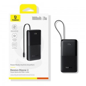 Baseus - Bipow 2 Power Bank (P10077101113-00) - beépített USB-C kábellel, Type-C, USB, intelligens kijelzővel, 10000mAh, 20W - Fekete-5