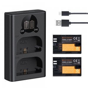 K and F Concept K&F Concept hordozható dupla USB-C akkumulátor LC-E6 töltő + 2db LP-E6NH akkumulátor 2250mAh