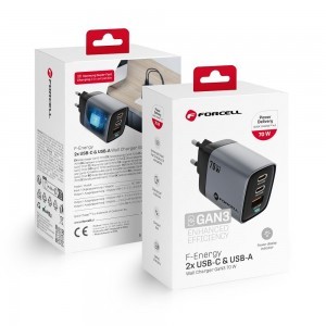 FORCELL F-ENERGY GaN III VT-37 fali utazó töltő LCD kijelzővel 2 x Type C + USB A PD QC4.0 SAM SFC2.0 3,45A 70W szürke-9