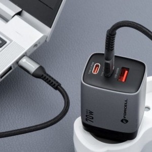 FORCELL F-ENERGY GaN III VT-37 fali utazó töltő LCD kijelzővel 2 x Type C + USB A PD QC4.0 SAM SFC2.0 3,45A 70W szürke-2