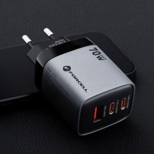 FORCELL F-ENERGY GaN III VT-37 fali utazó töltő LCD kijelzővel 2 x Type C + USB A PD QC4.0 SAM SFC2.0 3,45A 70W szürke-1