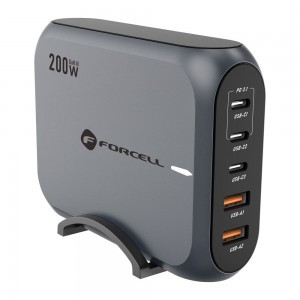 FORCELL F-ENERGY GaN III VT-51 asztali töltő 3 x Typ C + 2 x USB A PD QC4.0 SFC2.0 5A 200W szürke-1