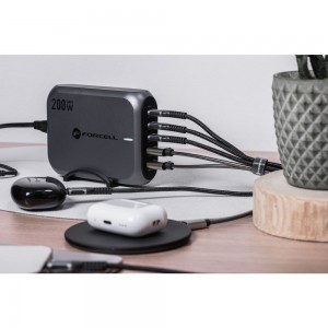 FORCELL F-ENERGY GaN III VT-51 asztali töltő 3 x Typ C + 2 x USB A PD QC4.0 SFC2.0 5A 200W szürke-6