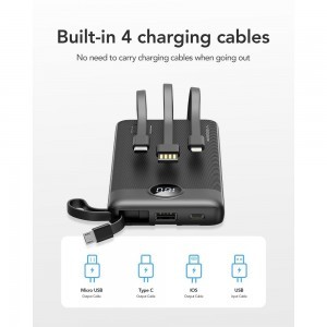 VEGER powerbank 10 000 mAh beépített kábelekkel Micro USB / Type C / Lightning C10 (W1116) fekete-15