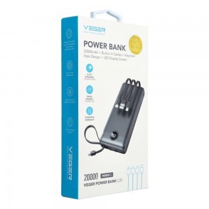 VEGER powerbank 20 000 mAh beépített kábelekkel Micro USB / Type C / Lightning C20 (W2047) fekete-9