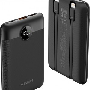 VEGER powerbank 10 000 mAh beépített kábelekkel Type C / Lightning PD QC3.0 2A 22,5W C11 (W1170) fekete