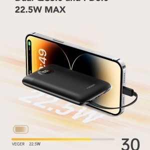 VEGER powerbank 10 000 mAh beépített kábelekkel Type C / Lightning PD QC3.0 2A 22,5W C11 (W1170) fekete-13