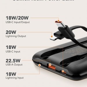 VEGER powerbank 10 000 mAh beépített kábelekkel Type C / Lightning PD QC3.0 2A 22,5W C11 (W1170) fekete-11