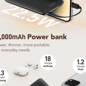 VEGER powerbank 10 000 mAh beépített kábelekkel Type C / Lightning PD QC3.0 2A 22,5W C11 (W1170) fekete-6
