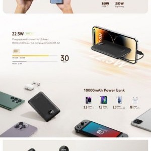 VEGER powerbank 10 000 mAh beépített kábelekkel Type C / Lightning PD QC3.0 2A 22,5W C11 (W1170) fekete-4