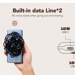 VEGER powerbank 10 000 mAh beépített kábelekkel Type C / Lightning PD QC3.0 2A 22,5W C11 (W1170) fekete-3