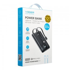 VEGER powerbank 10 000 mAh beépített kábelekkel Type C / Lightning PD QC3.0 2A 22,5W C11 (W1170) fekete-16