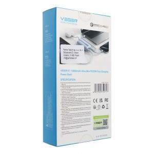 VEGER powerbank 10000 mAh beépített kábelekkel Type C / Lightning PD QC3.0 35W K1 (W1188) égkék-3